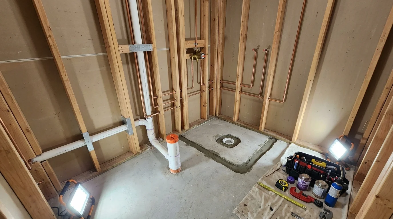 Bathroom rough-in plumbing during remodel by Johns Plumbing LLC in Saint Bonaventure