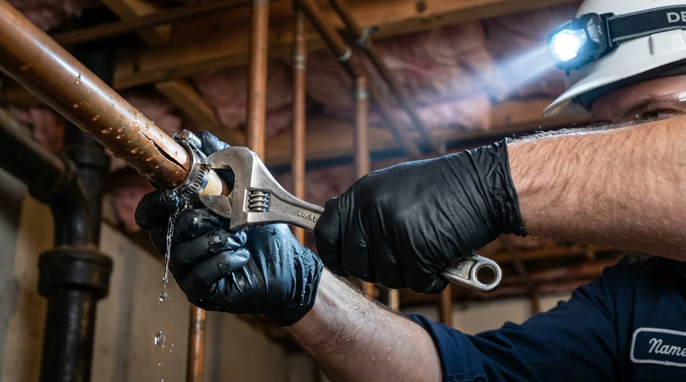 Emergency pipe clamp repair being performed by a Johns Plumbing LLC plumber in Saint Bonaventure
