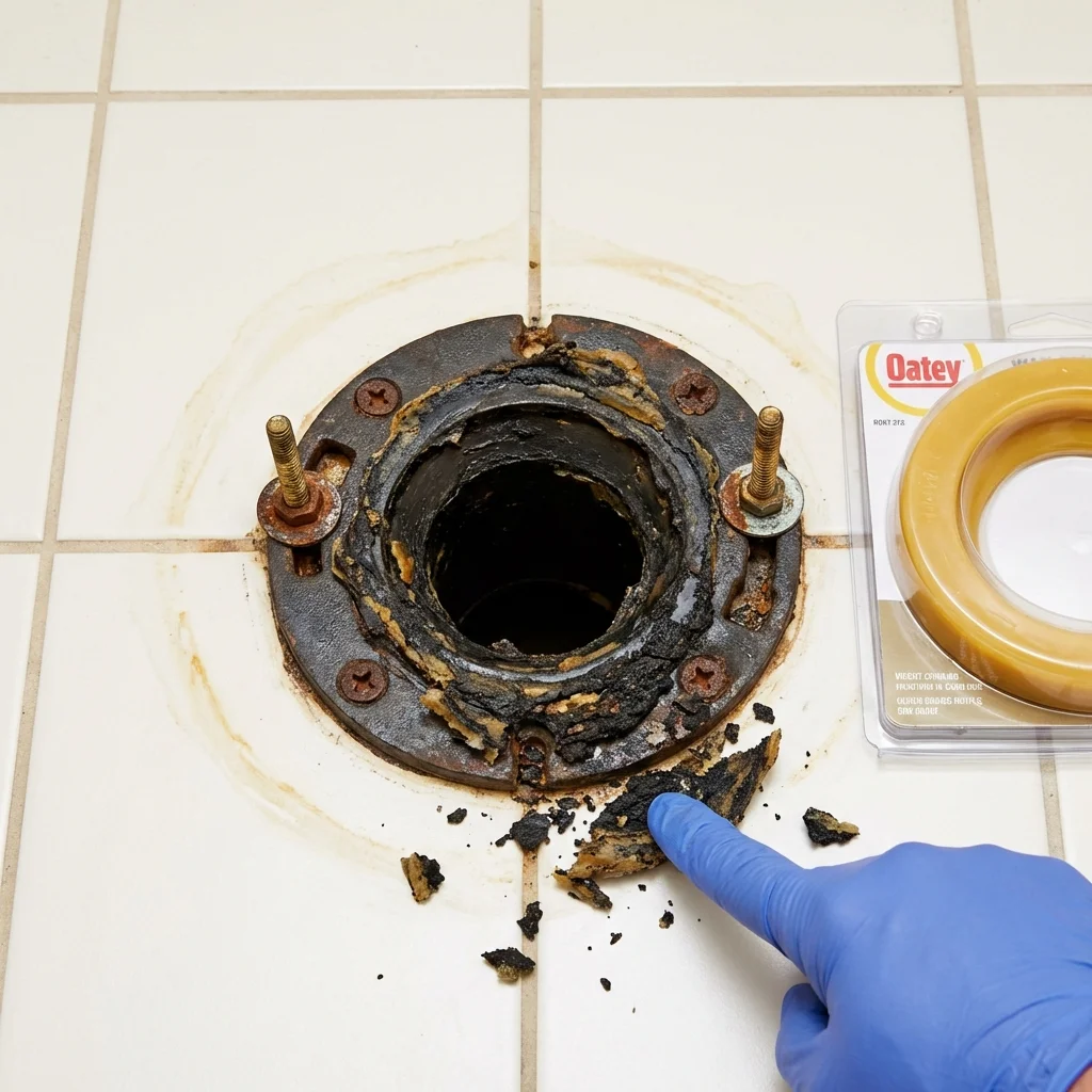 Failed wax ring showing water seepage at the base of a toilet in a Saint Bonaventure, NY home