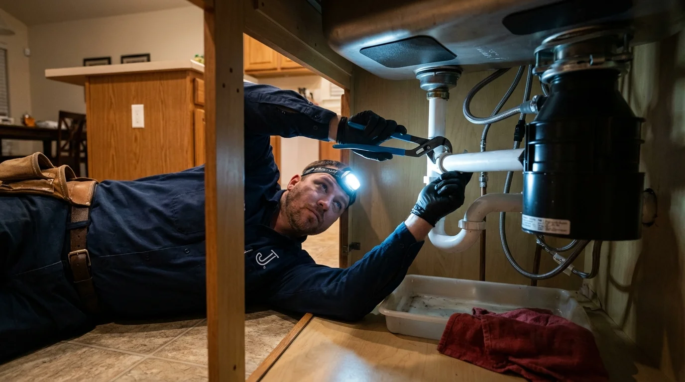 P-trap and supply line connections under a kitchen sink showing a common leak point in Saint Bonaventure, NY